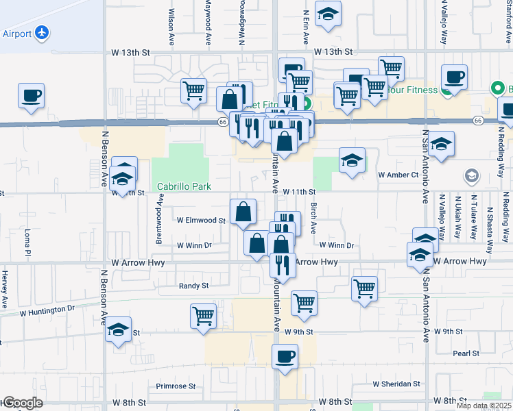 map of restaurants, bars, coffee shops, grocery stores, and more near 1241 Woodbury Court in Upland