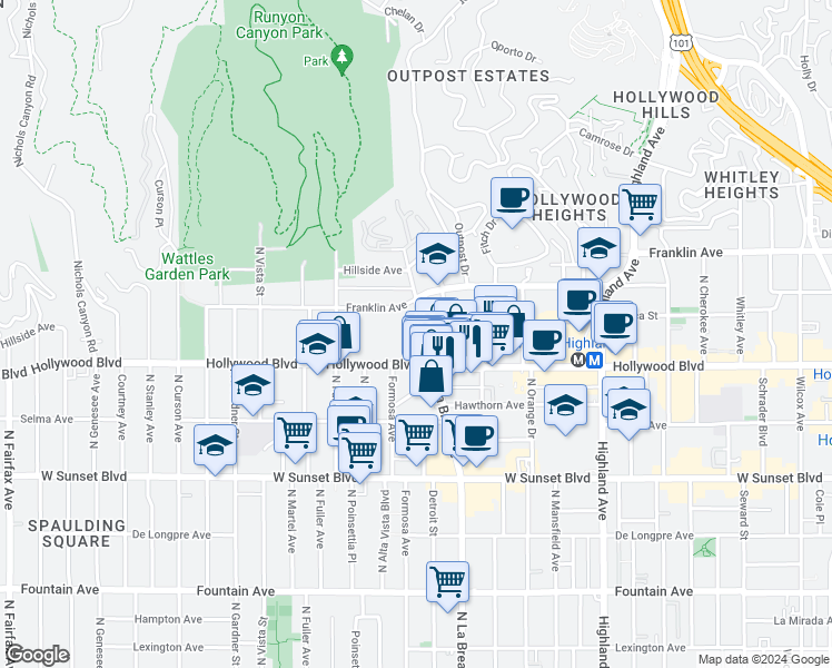 map of restaurants, bars, coffee shops, grocery stores, and more near 1735 North La Brea Avenue in Los Angeles
