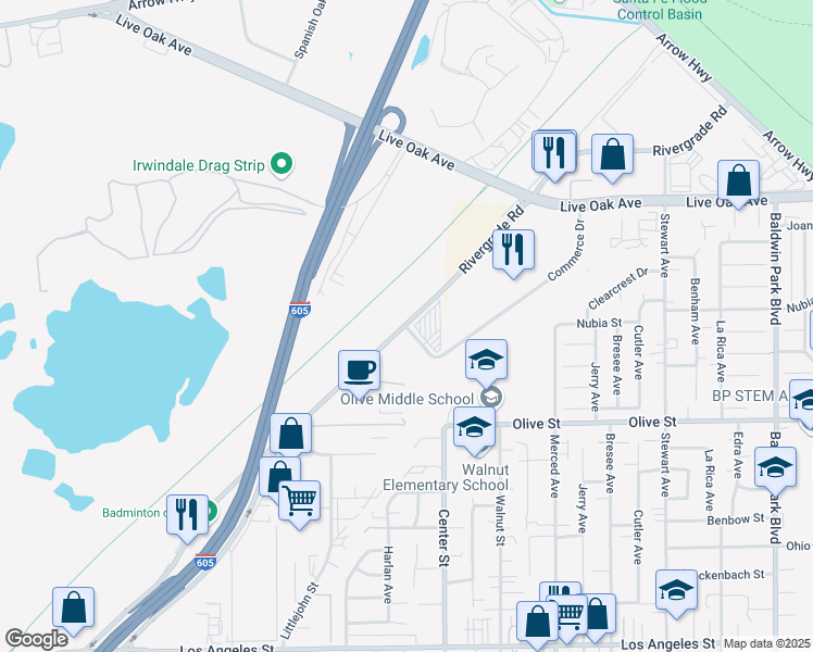 map of restaurants, bars, coffee shops, grocery stores, and more near 4900 Rivergrade Road in Irwindale