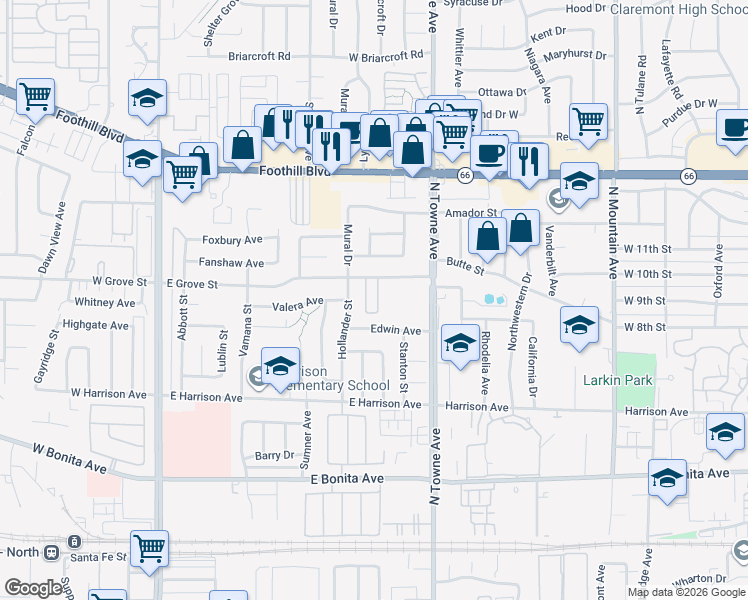 map of restaurants, bars, coffee shops, grocery stores, and more near 3069 Carrizo Drive in Pomona