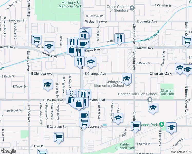 map of restaurants, bars, coffee shops, grocery stores, and more near 4935 North Bender Avenue in Covina