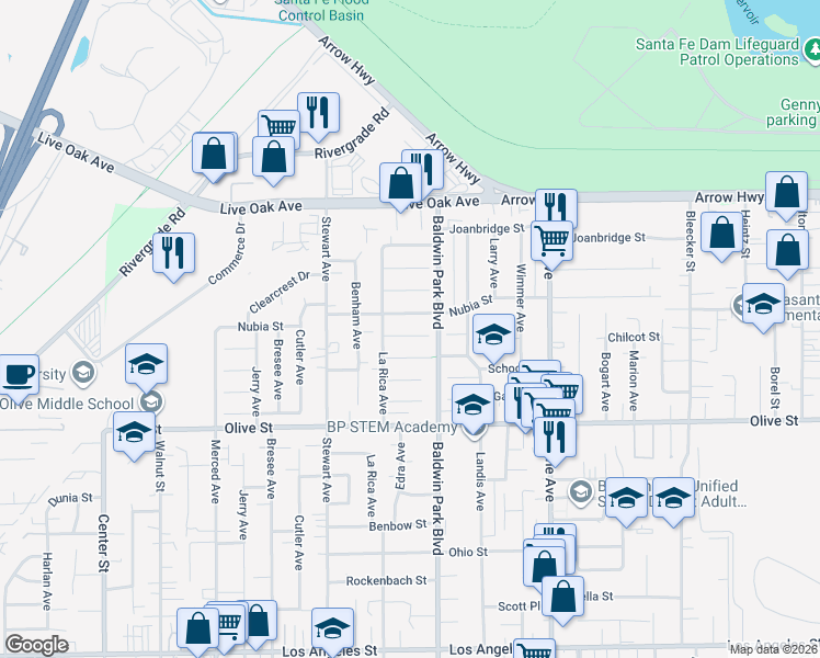 map of restaurants, bars, coffee shops, grocery stores, and more near 14127 Chilcot Street in Baldwin Park