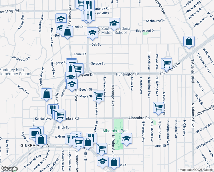 map of restaurants, bars, coffee shops, grocery stores, and more near 1938 La France Avenue in South Pasadena