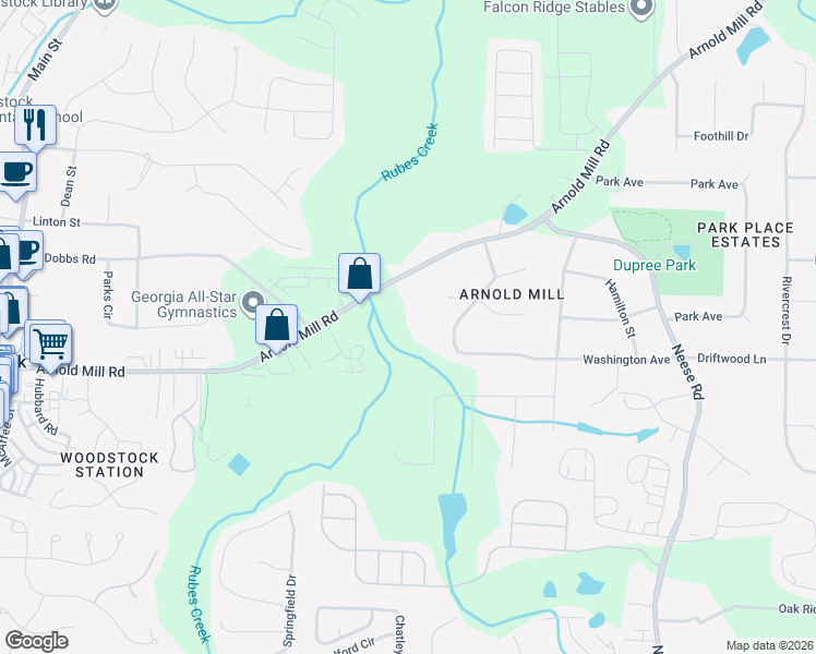 map of restaurants, bars, coffee shops, grocery stores, and more near 268 Arnold Mill Road in Woodstock