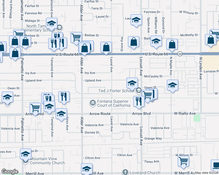 map of restaurants, bars, coffee shops, grocery stores, and more near 8326 Laurel Avenue in Fontana