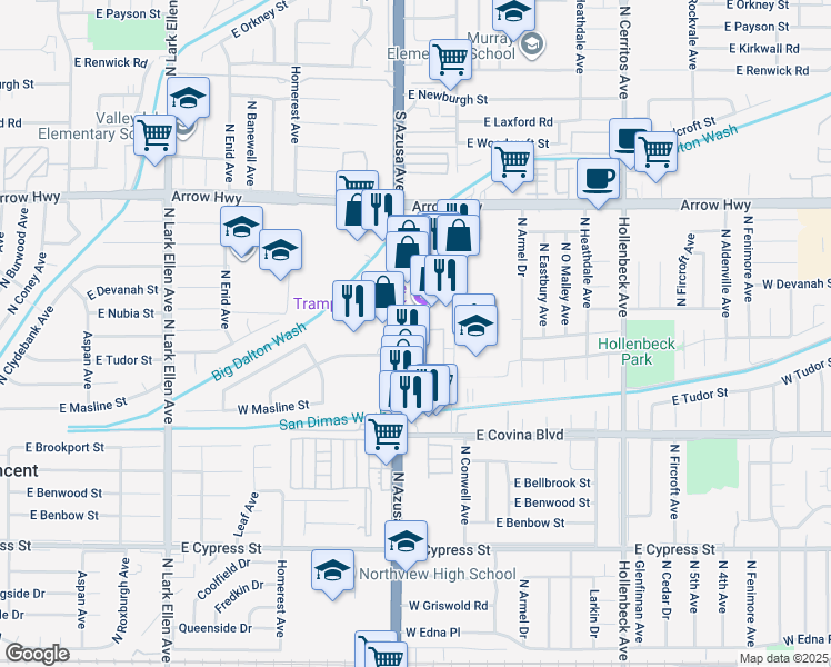 map of restaurants, bars, coffee shops, grocery stores, and more near 1240 North Azusa Avenue in Covina