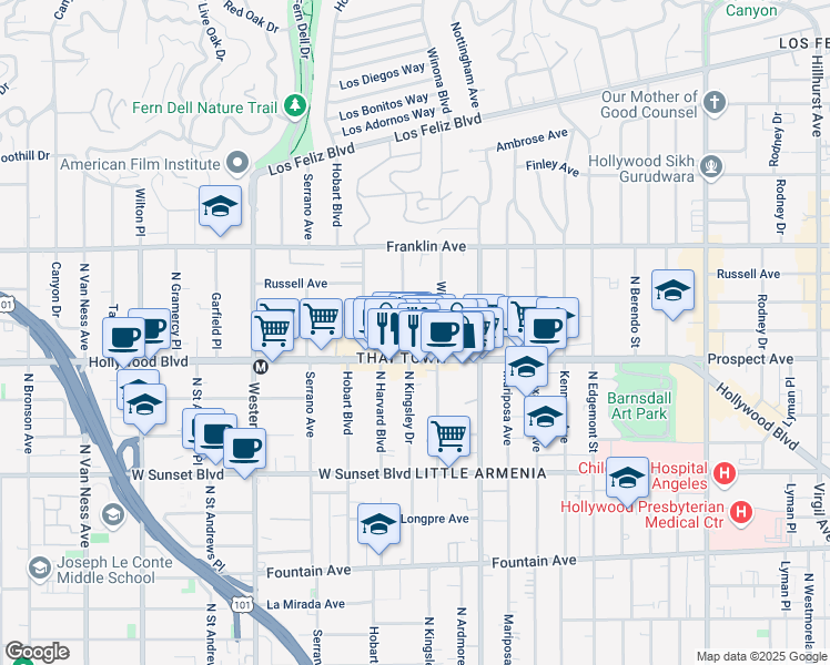 map of restaurants, bars, coffee shops, grocery stores, and more near 1726 North Kingsley Drive in Los Angeles
