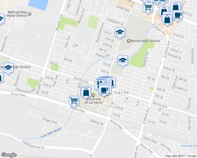 map of restaurants, bars, coffee shops, grocery stores, and more near 2020 5th Street in La Verne