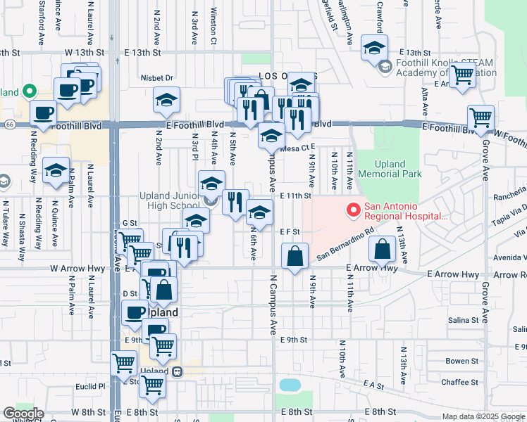 map of restaurants, bars, coffee shops, grocery stores, and more near 655 G Street in Upland