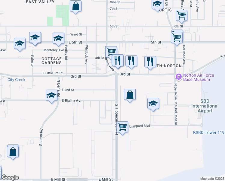 map of restaurants, bars, coffee shops, grocery stores, and more near 1189 East 2nd Street in San Bernardino