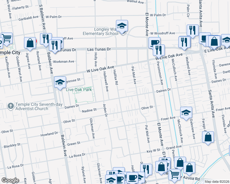 map of restaurants, bars, coffee shops, grocery stores, and more near 5517 Halifax Road in Arcadia
