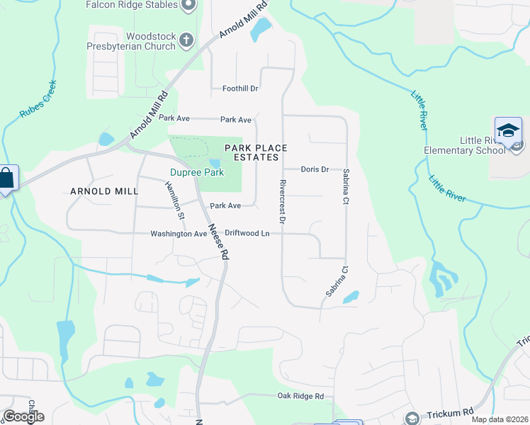 map of restaurants, bars, coffee shops, grocery stores, and more near 304 Park Square in Woodstock