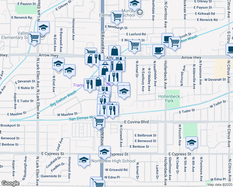 map of restaurants, bars, coffee shops, grocery stores, and more near 801 West Grondahl Street in Covina