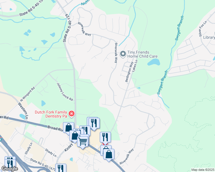 map of restaurants, bars, coffee shops, grocery stores, and more near 719 Riverwalk Way in Irmo