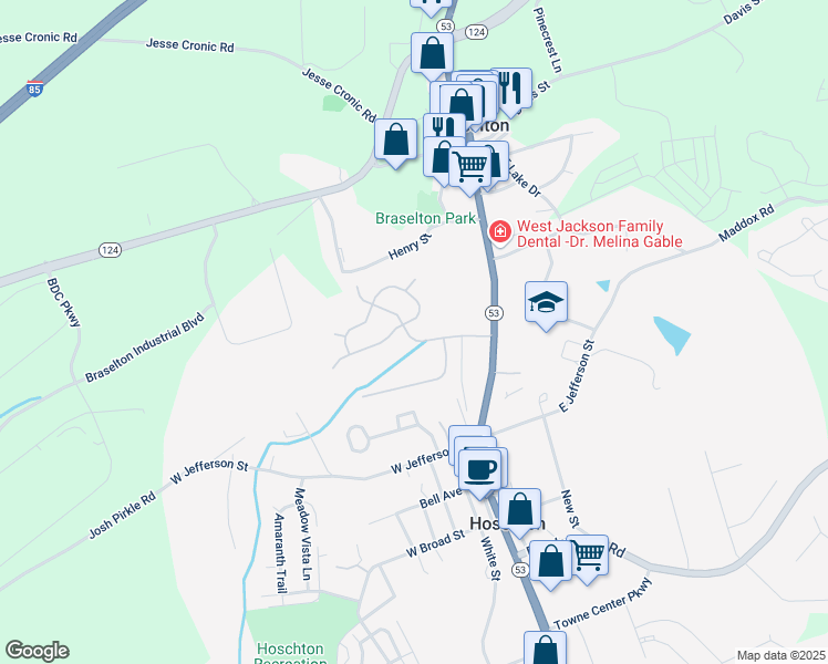 map of restaurants, bars, coffee shops, grocery stores, and more near 304 Eagles Bluff Way in Hoschton