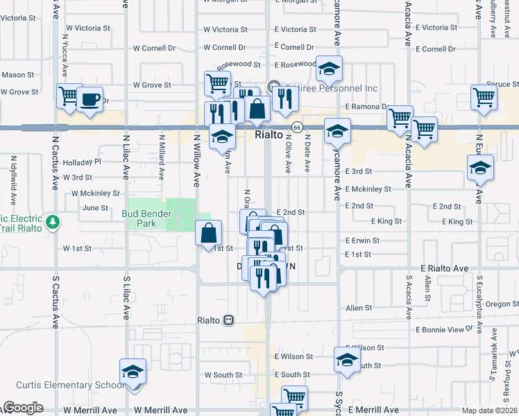 map of restaurants, bars, coffee shops, grocery stores, and more near 202 North Riverside Avenue in Rialto