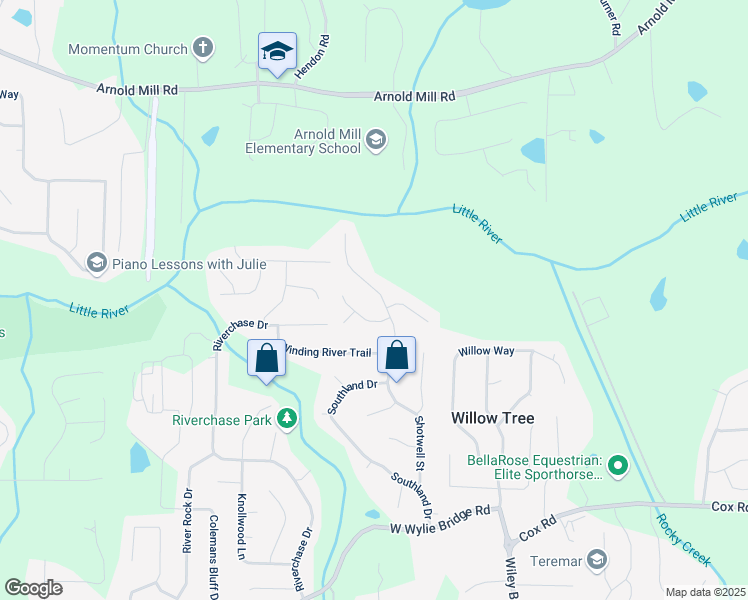 map of restaurants, bars, coffee shops, grocery stores, and more near 5501 Southlands Court in Woodstock