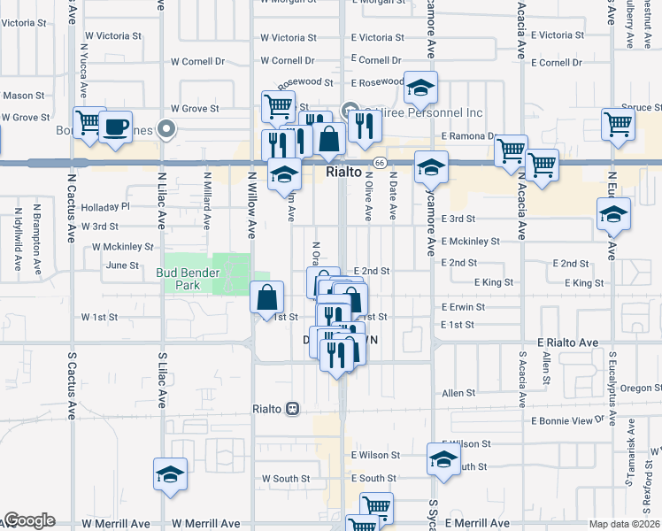 map of restaurants, bars, coffee shops, grocery stores, and more near 202 North Riverside Avenue in Rialto