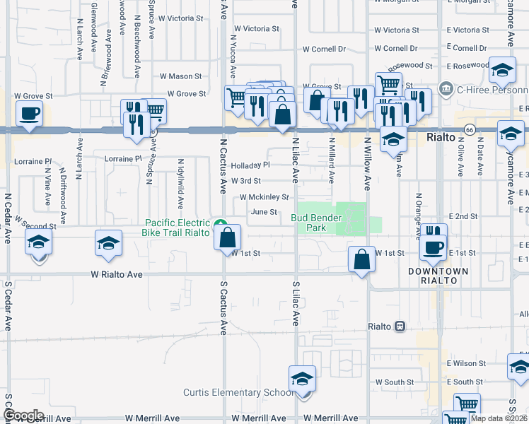 map of restaurants, bars, coffee shops, grocery stores, and more near 589 June Street in Rialto