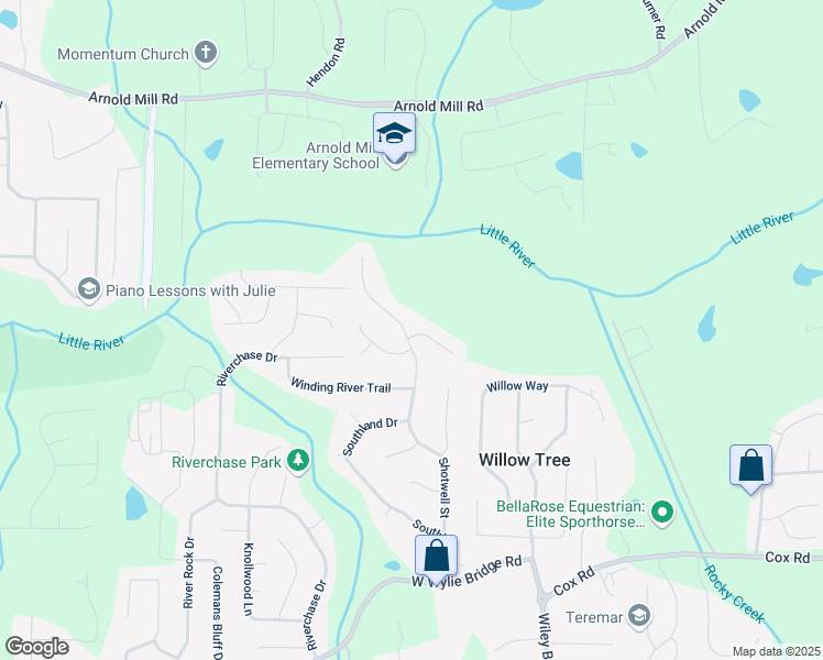 map of restaurants, bars, coffee shops, grocery stores, and more near 5501 Southlands Court in Woodstock