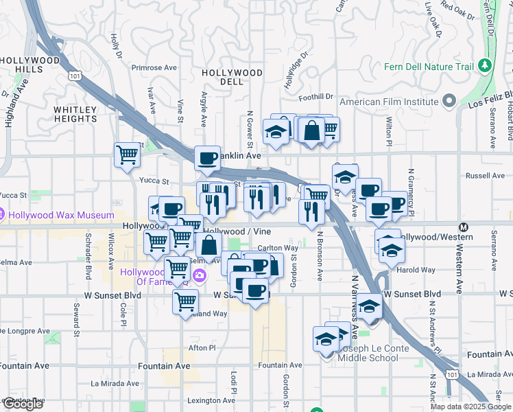 map of restaurants, bars, coffee shops, grocery stores, and more near 1726 North Gower Street in Los Angeles