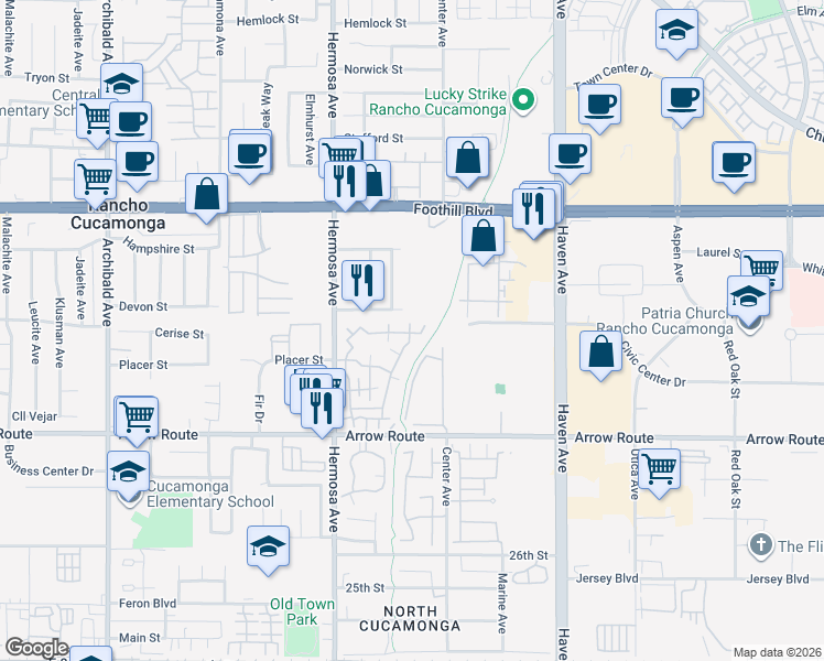 map of restaurants, bars, coffee shops, grocery stores, and more near 10246 Chaparral Way in Rancho Cucamonga