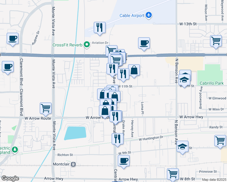 map of restaurants, bars, coffee shops, grocery stores, and more near 755b North Central Avenue in Upland