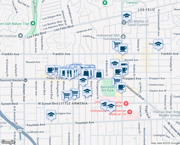 map of restaurants, bars, coffee shops, grocery stores, and more near 1727 North Kenmore Avenue in Los Angeles