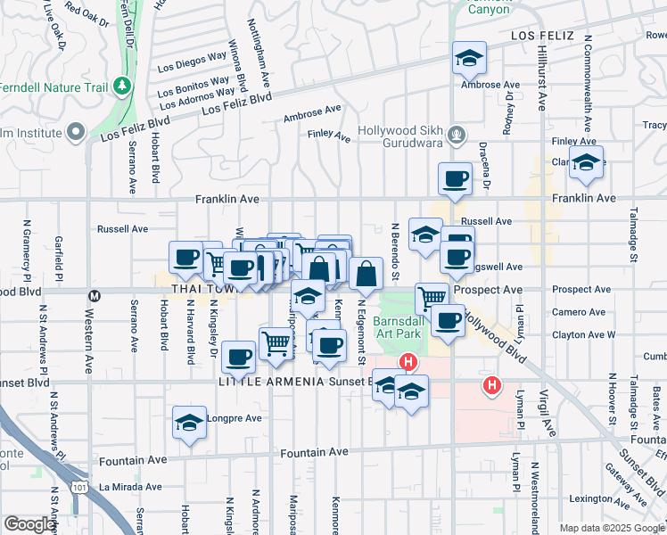 map of restaurants, bars, coffee shops, grocery stores, and more near 1727 North Kenmore Avenue in Los Angeles