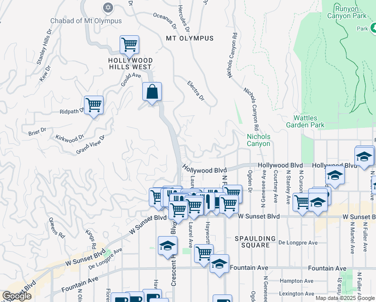 map of restaurants, bars, coffee shops, grocery stores, and more near 8054 Fareholm Drive in Los Angeles