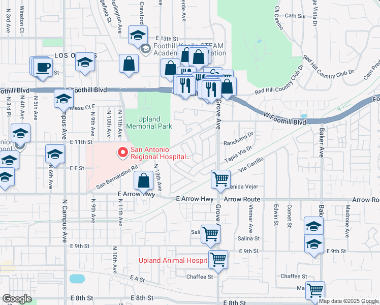 map of restaurants, bars, coffee shops, grocery stores, and more near in Upland