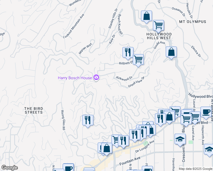 map of restaurants, bars, coffee shops, grocery stores, and more near 8524 Cole Crest Drive in Los Angeles