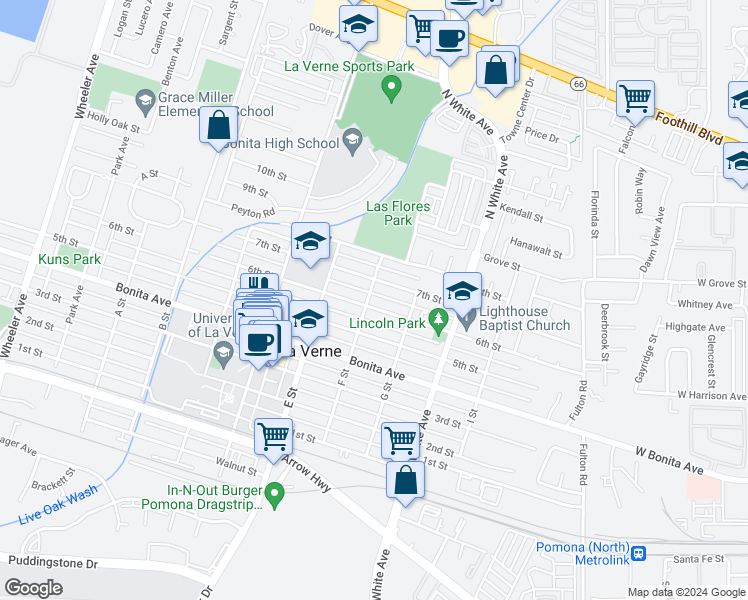 map of restaurants, bars, coffee shops, grocery stores, and more near 2311 6th Street in La Verne
