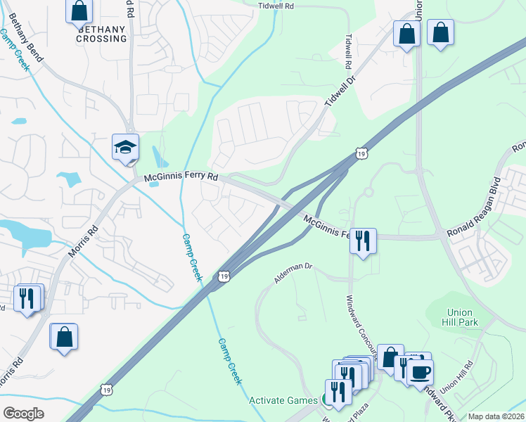 map of restaurants, bars, coffee shops, grocery stores, and more near 3905 Fairhill Point in Alpharetta