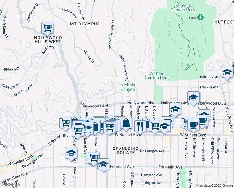 map of restaurants, bars, coffee shops, grocery stores, and more near 1737 North Orange Grove Avenue in Los Angeles
