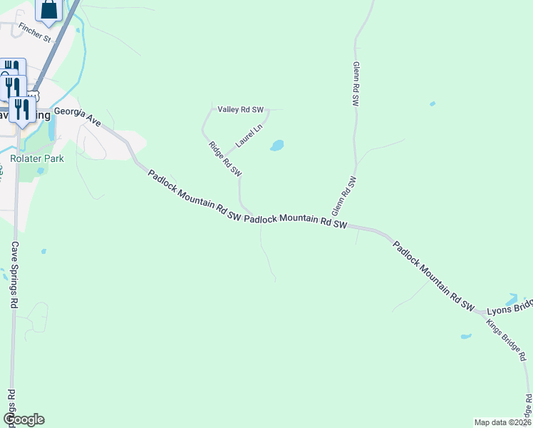 map of restaurants, bars, coffee shops, grocery stores, and more near 53 Padlock Mountain Road Southwest in Cave Spring