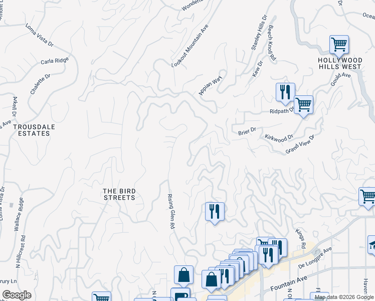 map of restaurants, bars, coffee shops, grocery stores, and more near 1885 Sunset Plaza Drive in Los Angeles