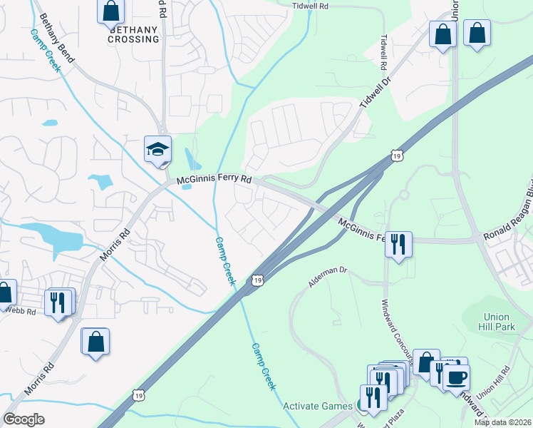 map of restaurants, bars, coffee shops, grocery stores, and more near 13250 Kemper Road in Alpharetta