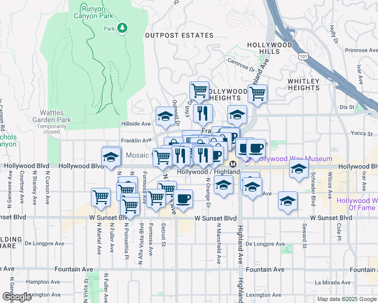 map of restaurants, bars, coffee shops, grocery stores, and more near 1736 North Sycamore Avenue in Los Angeles