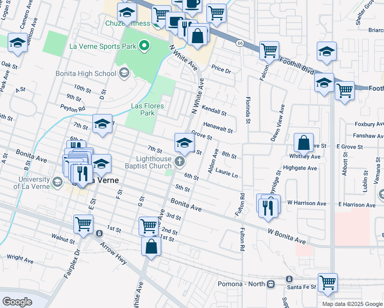 map of restaurants, bars, coffee shops, grocery stores, and more near 2534 8th Street in La Verne