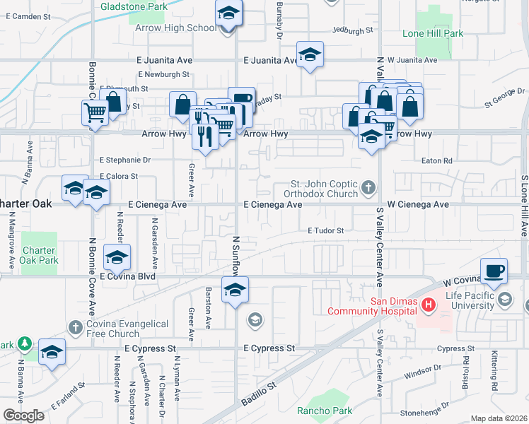 map of restaurants, bars, coffee shops, grocery stores, and more near 21050 East Cienega Avenue in Covina
