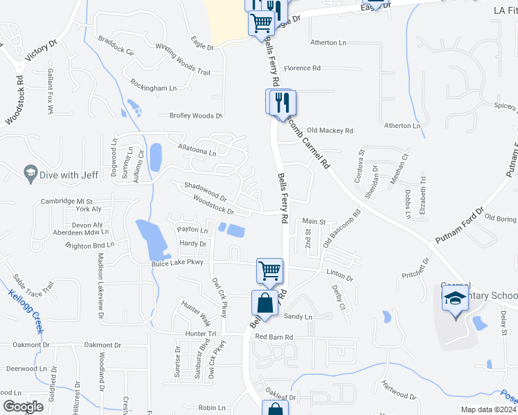 map of restaurants, bars, coffee shops, grocery stores, and more near 85 Tate Lane in Acworth