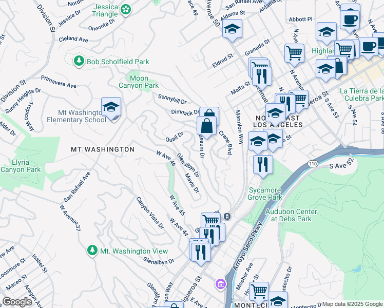 map of restaurants, bars, coffee shops, grocery stores, and more near 466 Quail Drive in Los Angeles
