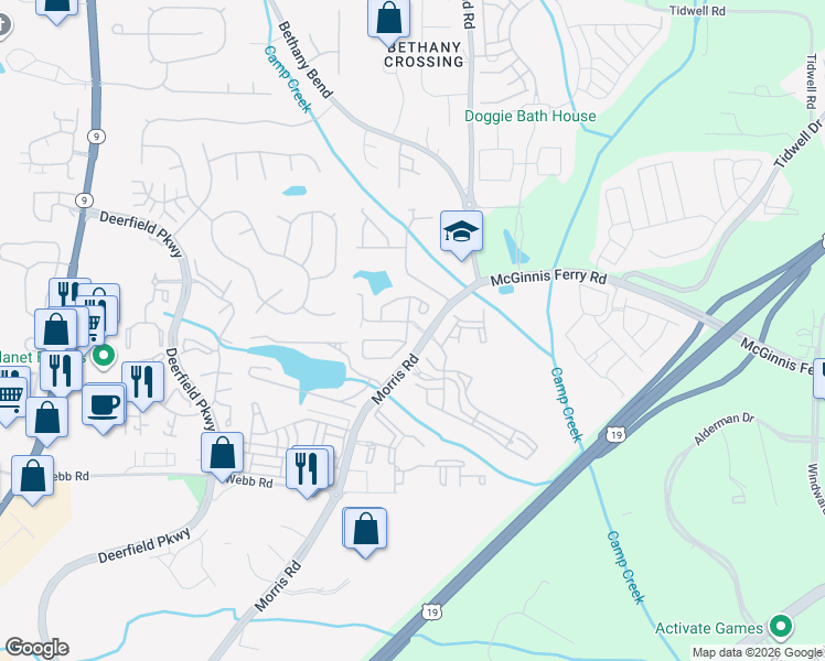 map of restaurants, bars, coffee shops, grocery stores, and more near 13300 Morris Road in Alpharetta