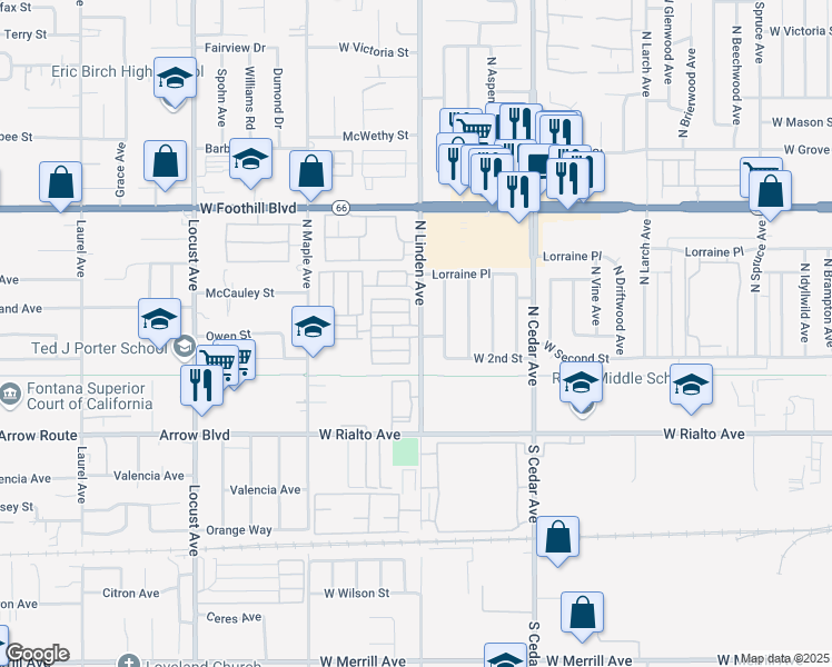 map of restaurants, bars, coffee shops, grocery stores, and more near 295 North Linden Avenue in Rialto