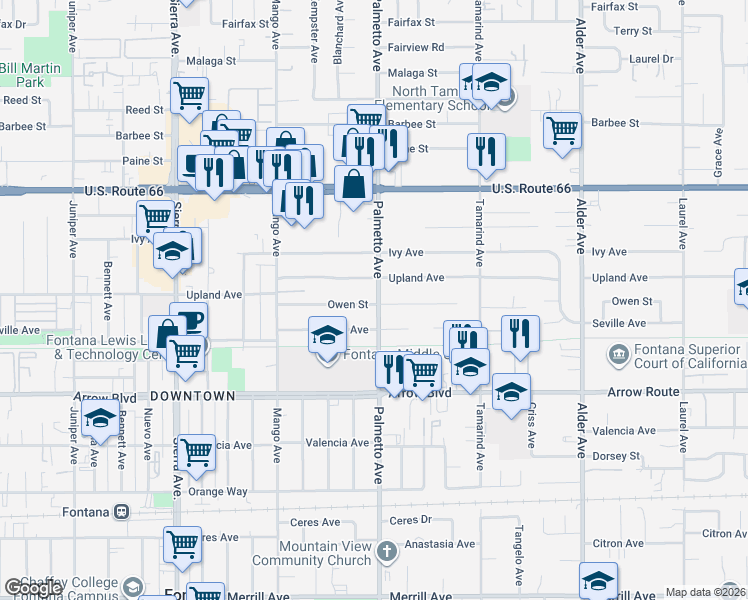 map of restaurants, bars, coffee shops, grocery stores, and more near 17283 Owen Street in Fontana
