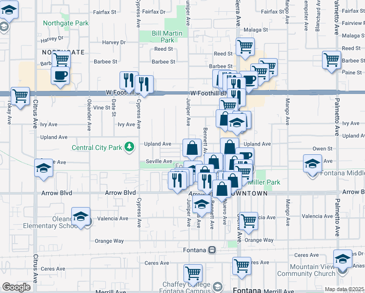 map of restaurants, bars, coffee shops, grocery stores, and more near 16655 Upland Avenue in Fontana