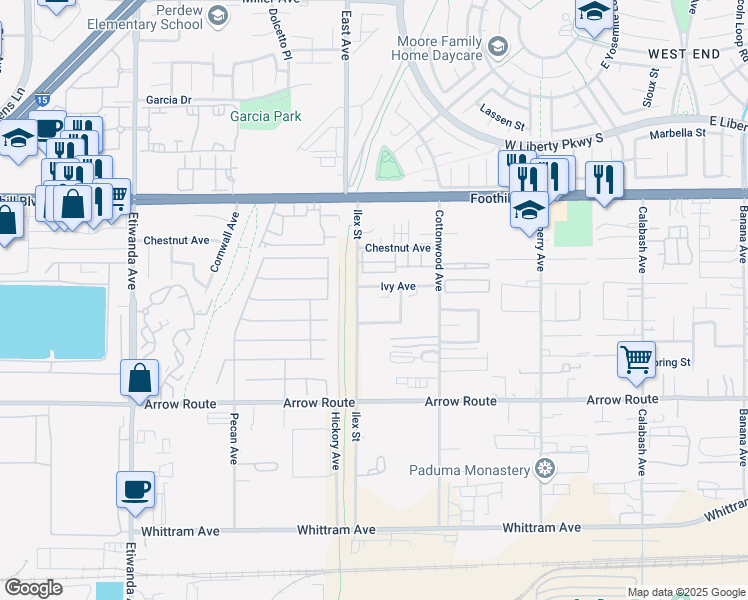 map of restaurants, bars, coffee shops, grocery stores, and more near 8315 Ilex Street in San Bernardino County