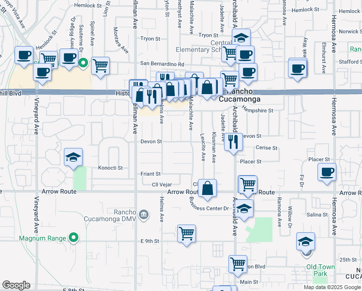 map of restaurants, bars, coffee shops, grocery stores, and more near 9474 Placer Street in Rancho Cucamonga