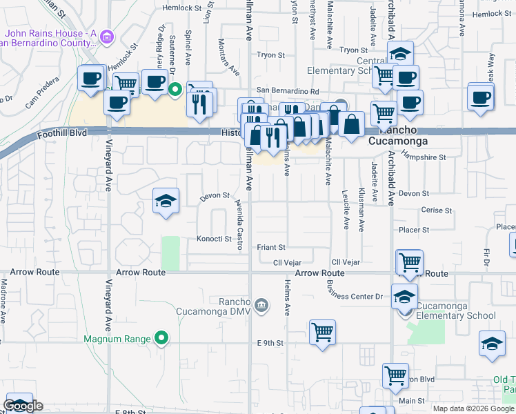 map of restaurants, bars, coffee shops, grocery stores, and more near 9340 Placer Street in Rancho Cucamonga